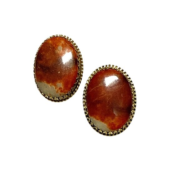 Whiting and Davis Clip On Earrings Faux Stone Look Oval Cabochon Gold Tone Vinta - Picture 2 of 8